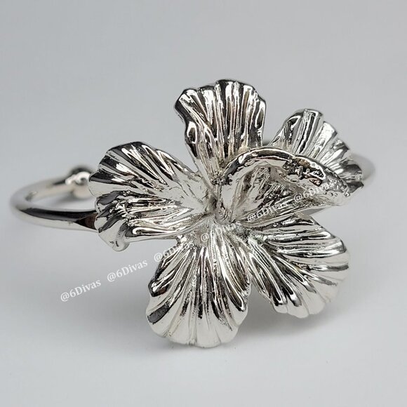 Rhodium Plated Hibiscus Flower Small Cuff Bracelet - Picture 1 of 8